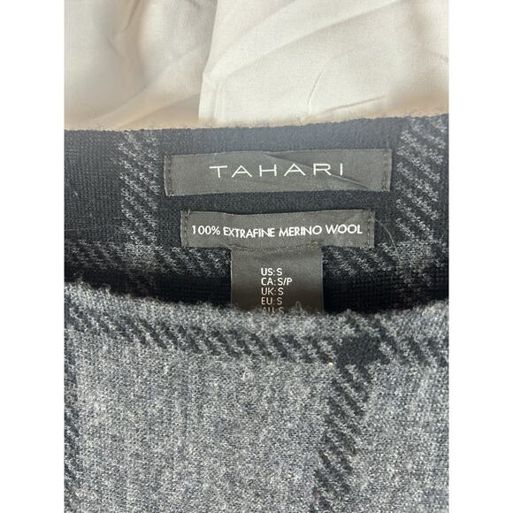 TAHARI Sweater S 100% Extrafine Merino Wool Windowpane Check Cuff Sleeve Gray - Picture 2 of 4